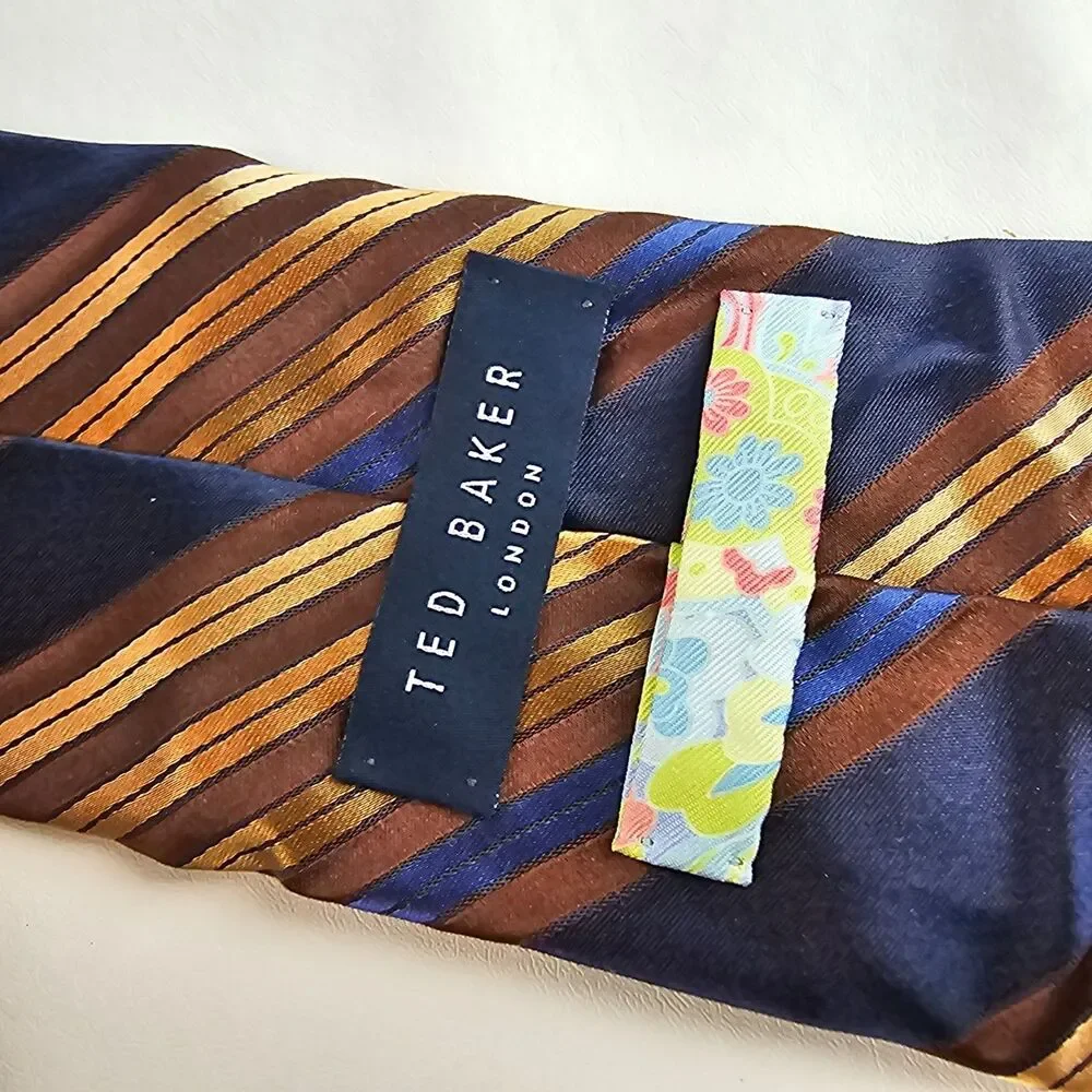 Ted Baker London 100% Silk Tie Brown Blue Gold Striped Handmade USA Necktie